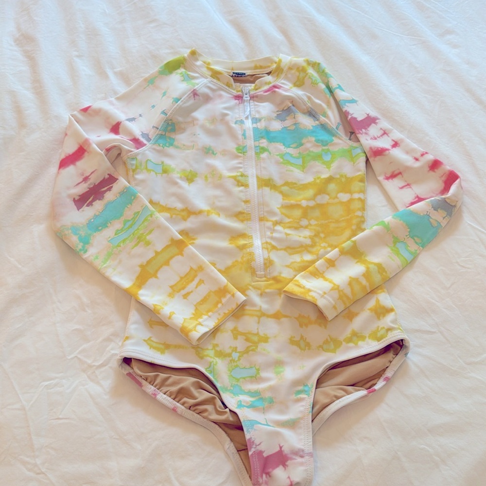 Girls zip up one piece rash guard, old navy multi tie die, size L 10/12, good c